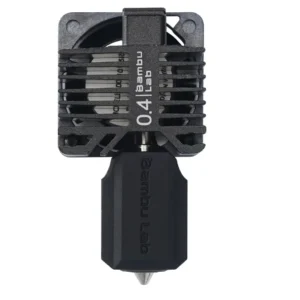 Front view of Bambu Lab 0.4mm hotend with hardened steel nozzle showing "Bambu Lab 0.4" laser-etched branding on the heatsink.