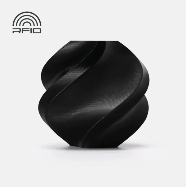 3D printed spiral geometric object in Bambu Lab Black TPU for AMS featuring RFID smart technology