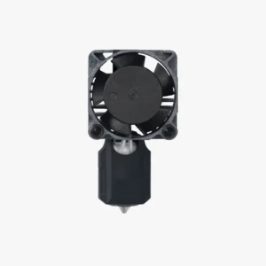Front view of a complete hotend assembly for Bambu Lab P1P and P1S 3D printers featuring a black cooling fan, a silicone ceramic heater sock, and a 0.4mm hardened steel nozzle tip.