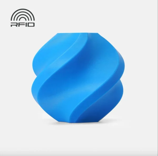 3D printed twisted geometric vase using Bambu Lab PETG HF Lake Blue filament, showcasing smooth surface finish and RFID smart printing technology.