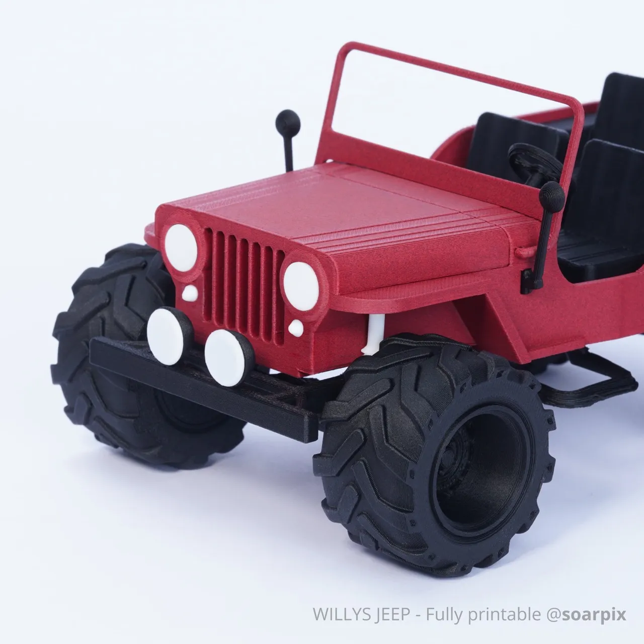 Fully 3D printed Willys Jeep model made with Bambu Lab PLA-CF filament, showcasing high rigidity and detailed surface finish