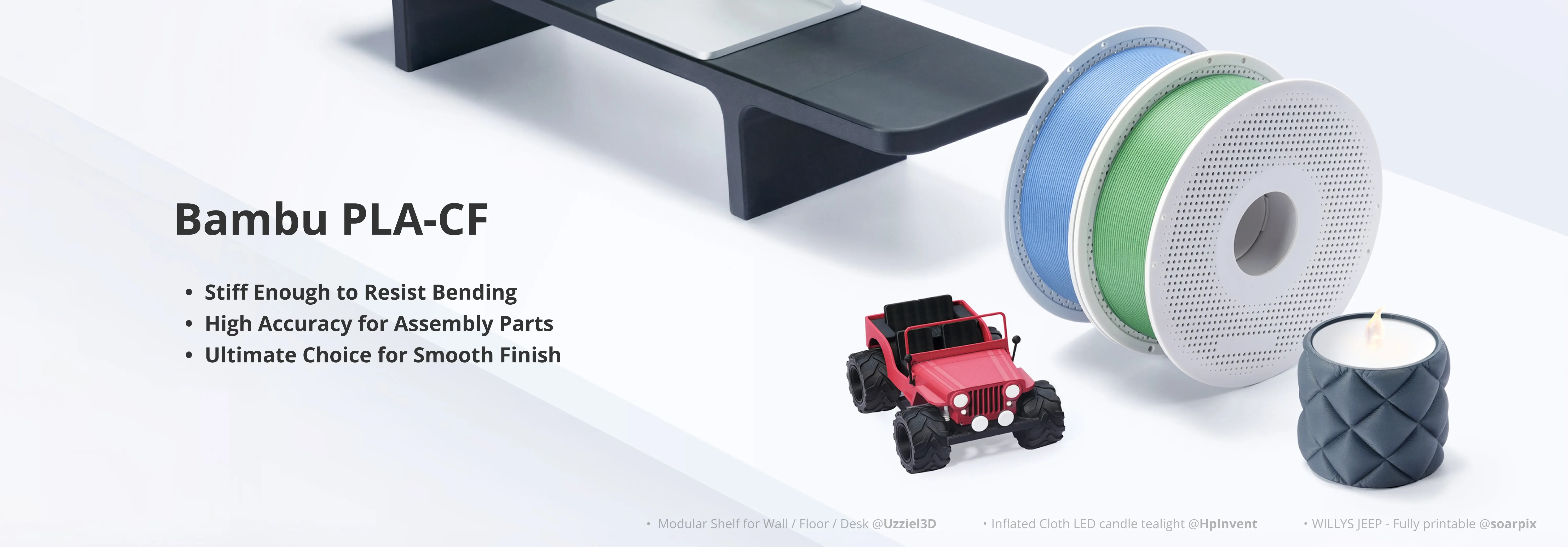 Bambu Lab PLA-CF filament banner showing multiple printed applications including mechanical parts and decorative models