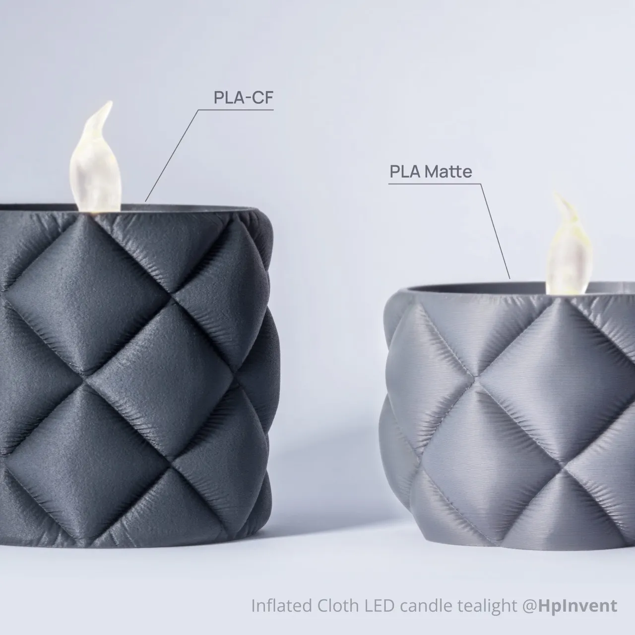Side-by-side texture comparison between Bambu Lab PLA-CF and PLA Matte filaments on 3D printed LED candle tealights