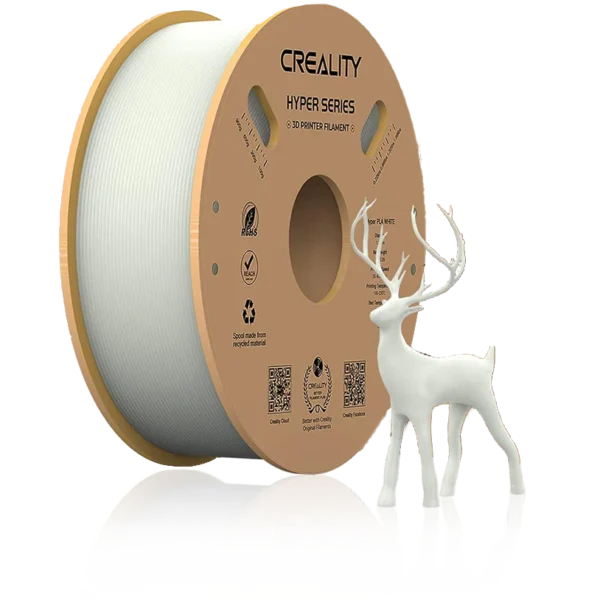 Creality Hyper Series PLA White 1.75mm 1kg 3D printer filament on a recycled cardboard spool with a white 3D printed deer model.