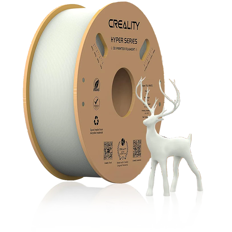 Creality Hyper Series PLA White 1.75mm 1kg 3D printer filament on a recycled cardboard spool with a white 3D printed deer model.