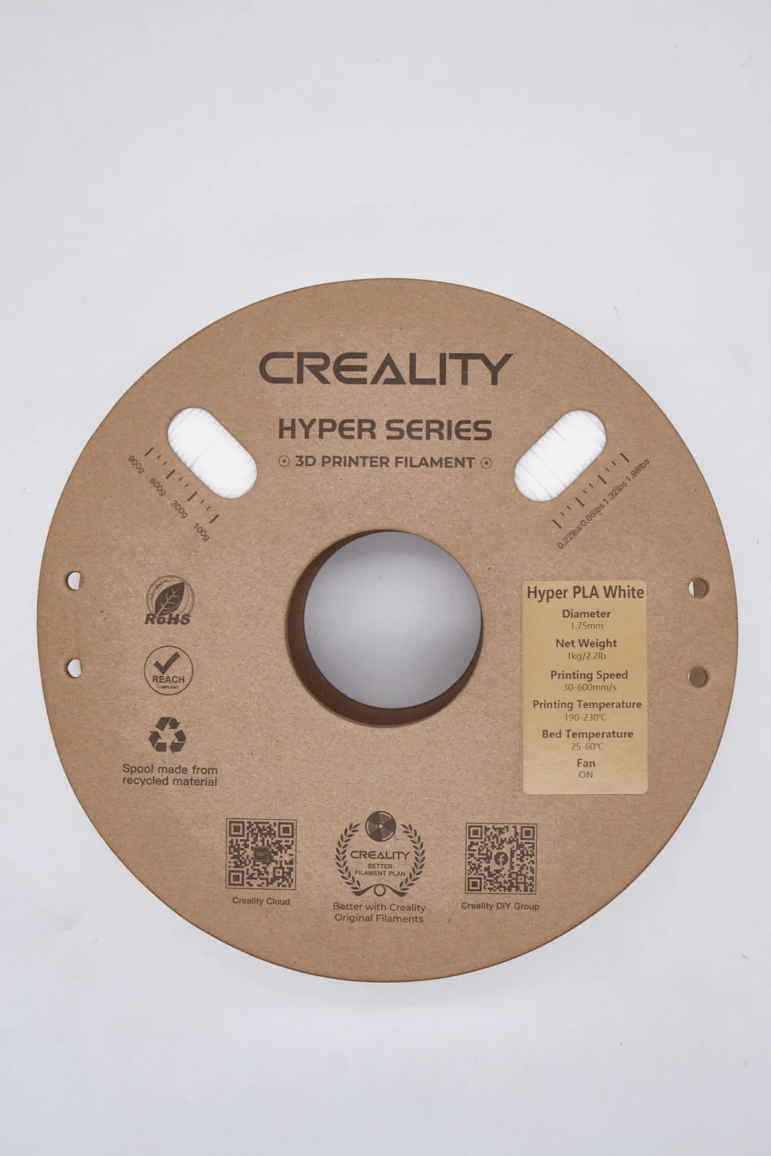 Top-down flat-lay of Creality White PLA filament spool with visible product information label.