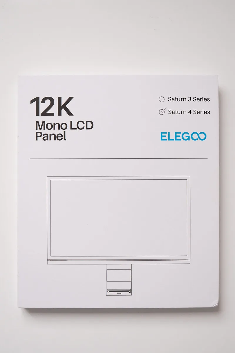 Front view of Elegoo Monochrome 12K LCD screen box for Saturn 4 / 4 Ultra, showing 12K Mono LCD Panel label, brand logo, and compatible printers