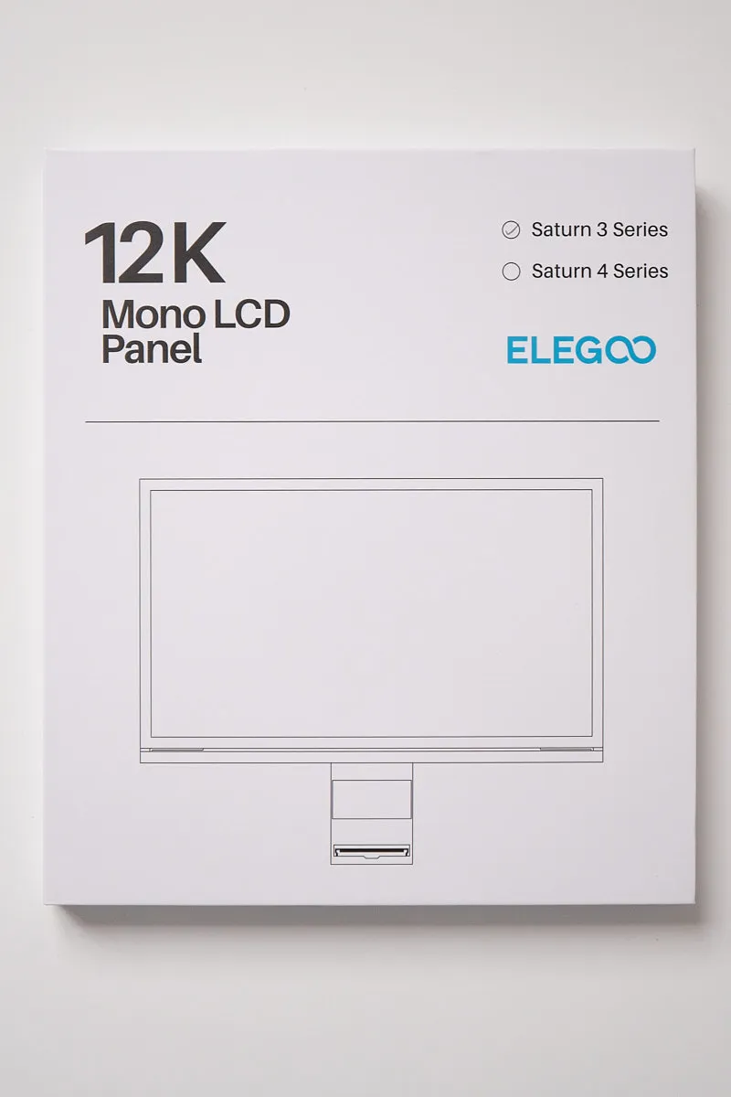 Front view of Elegoo Monochrome 12K LCD screen box for Saturn 3 / 3 Ultra, showing 12K Mono LCD Panel label, brand logo, and compatible printers