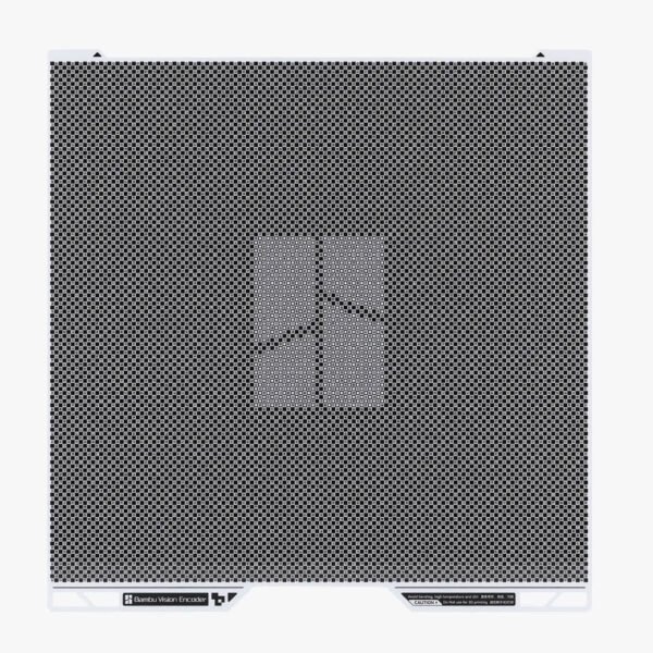 A high-resolution front view of the FAP031-V1 Vision Encoder Plate calibration featuring a dense, high-contrast geometric calibration pattern