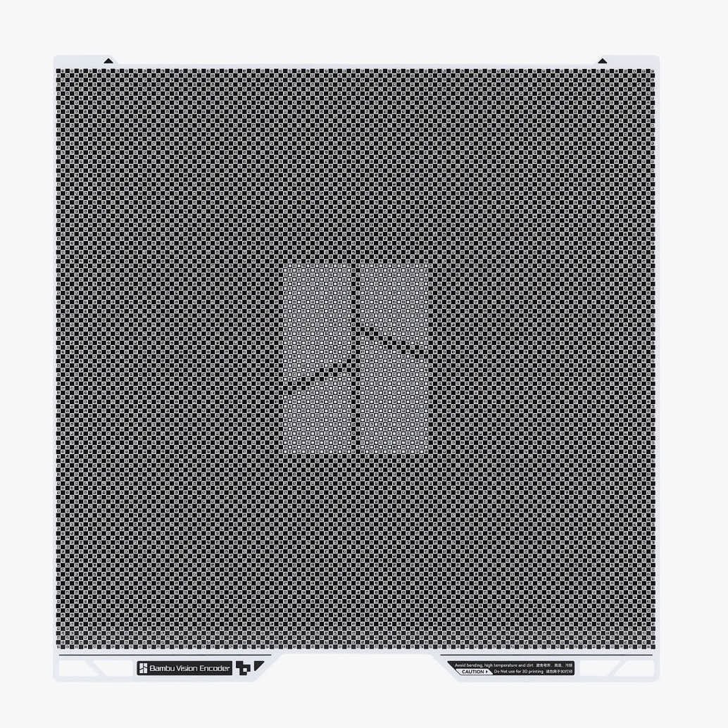 A high-resolution front view of the FAP031-V1 Vision Encoder Plate calibration featuring a dense, high-contrast geometric calibration pattern