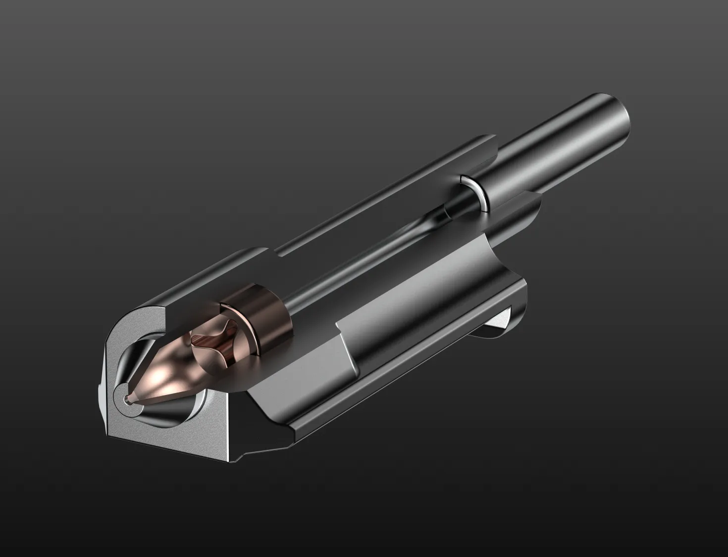 Cutaway view of a high flow hardened steel 3D printer nozzle showing enlarged melt zone and optimized internal geometry