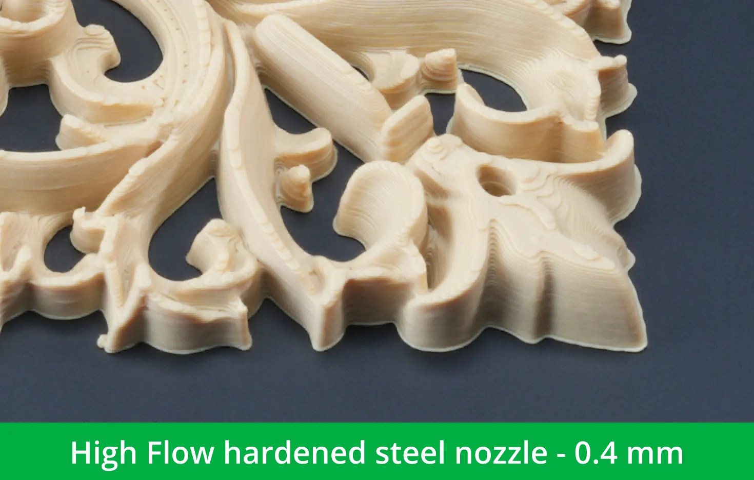 Close-up of a 3D printed part produced with a 0.4mm high flow hardened steel nozzle, showing smoother extrusion and more uniform layers