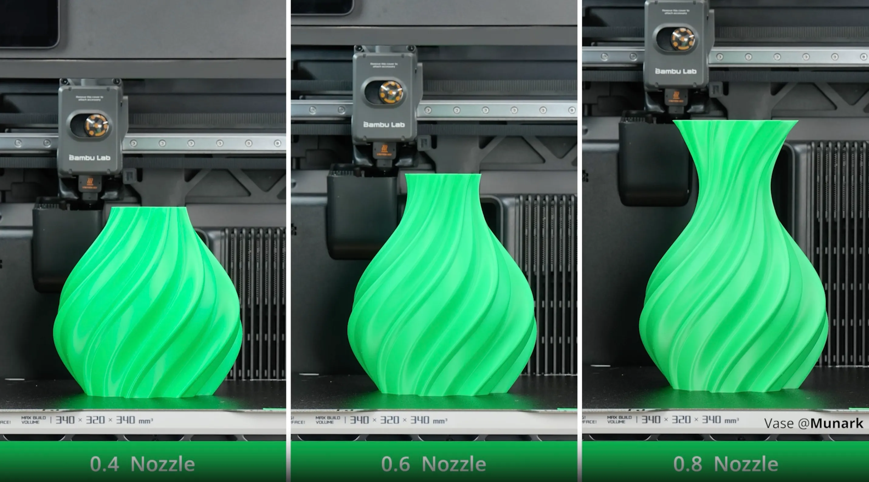 Large vase printed with Bambu Lab 0.4mm, 0.6mm and 0.8mm hotend nozzles comparing surface finish and print efficiency