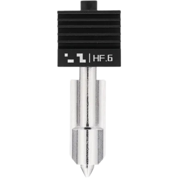 Front view of a Bambu Lab High Flow hotend assembly with a 0.6mm hardened steel nozzle and black cooling fins, model FAH064 for H2 and P2 series.