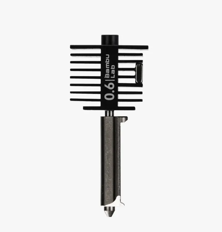 Bambu Lab A1 and A1 mini hotend with 0.6mm hardened steel nozzle, front view official replacement part.