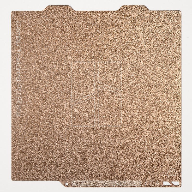 Full view of FAP009 textured PEI build plate for Bambu Lab A1 Mini, 180x180mm spring steel sheet with dual-alignment notches and golden powder coating.