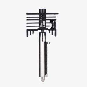 Front detail view of the Bambu Lab FAH059 hotend with a 0.2mm stainless steel nozzle and black cooling fins.