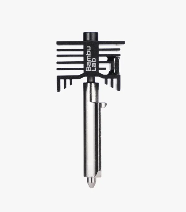 Front detail view of the Bambu Lab FAH059 hotend with a 0.2mm stainless steel nozzle and black cooling fins.