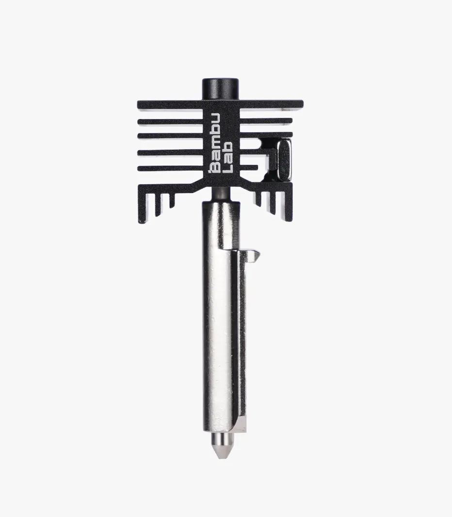 Front detail view of the Bambu Lab FAH059 hotend with a 0.2mm stainless steel nozzle and black cooling fins.