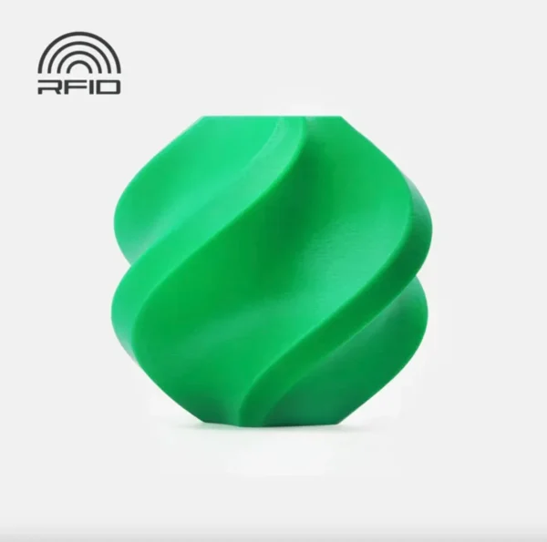 3D printed spiral model in Bambu Lab PETG-HF Green with RFID technology icon. Title: Bambu PETG-HF Green Printed Model Showcase