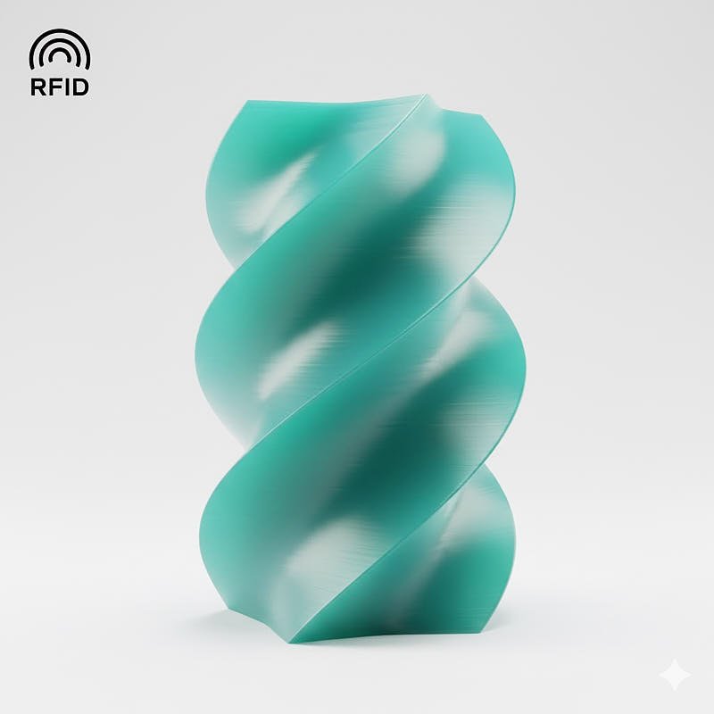 3D printed twisted geometric model using Bambu Lab PETG Translucent Teal filament showing semi-transparent finish and RFID technology icon.