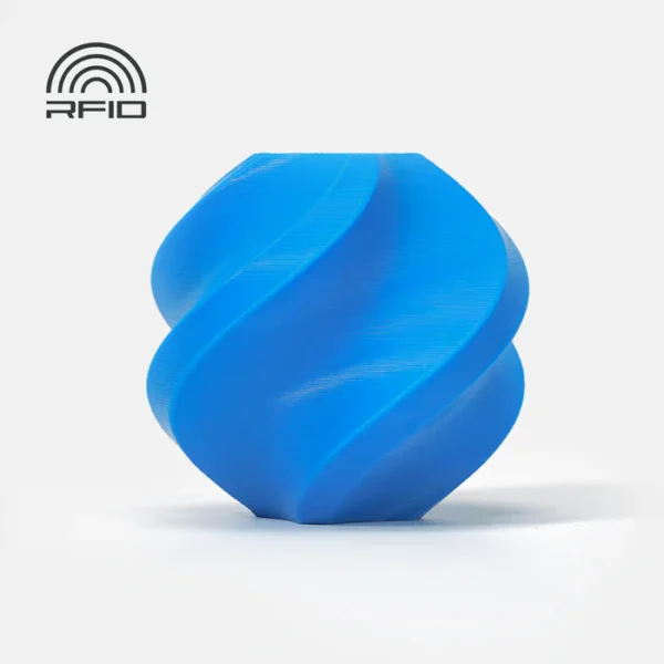 3D printed spiral vase model using Bambu Lab PLA Basic Cyan, featuring an RFID auto-recognition icon.
