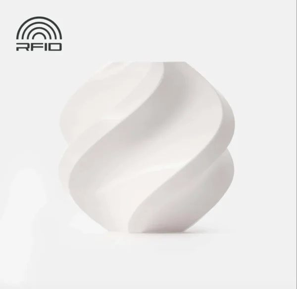 3D printed spiral vase model using Bambu Lab PLA Basic Jade White, featuring an RFID smart recognition icon.