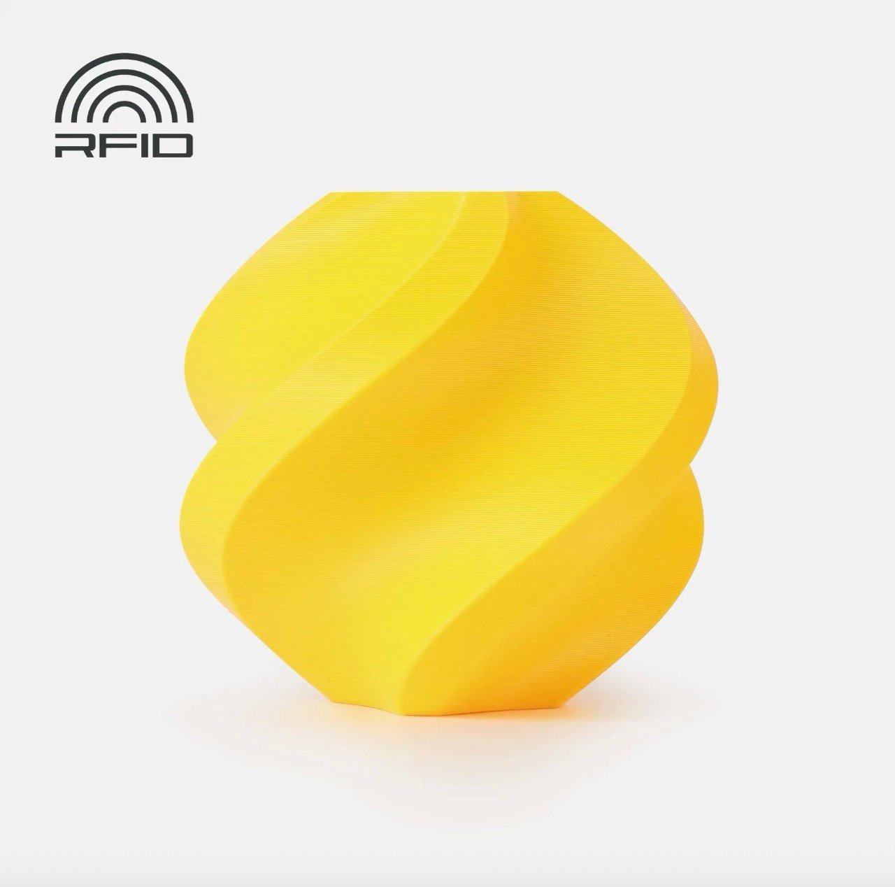 3D printed twisted vase model made with Bambu Lab PLA Basic Yellow filament featuring smooth surface finish and RFID intelligent recognition icon.