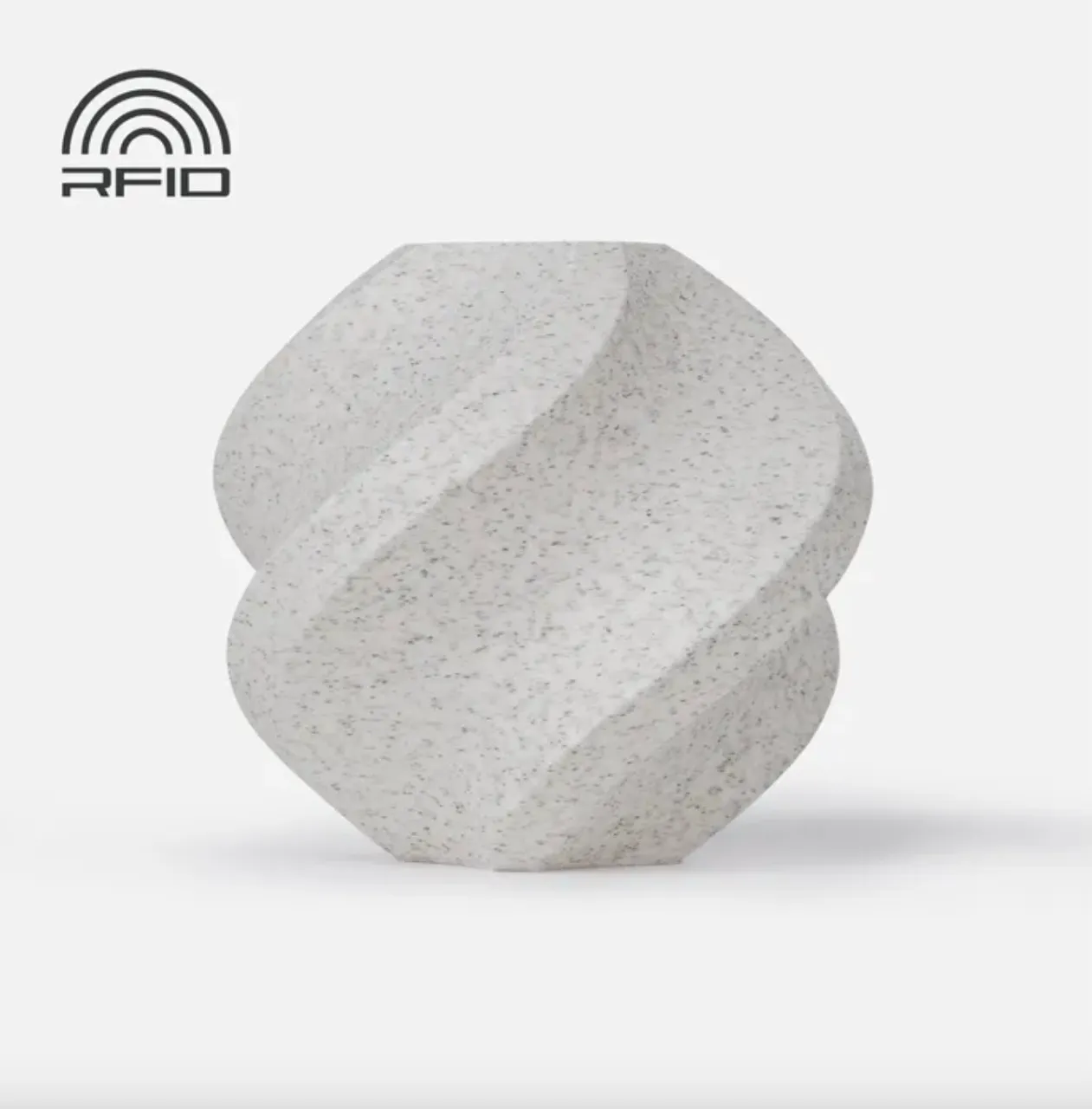 A 3D printed spiral geometric model made with Bambu Lab White Marble PLA filament, showing a realistic stone-like speckled texture and an RFID logo in the corner.