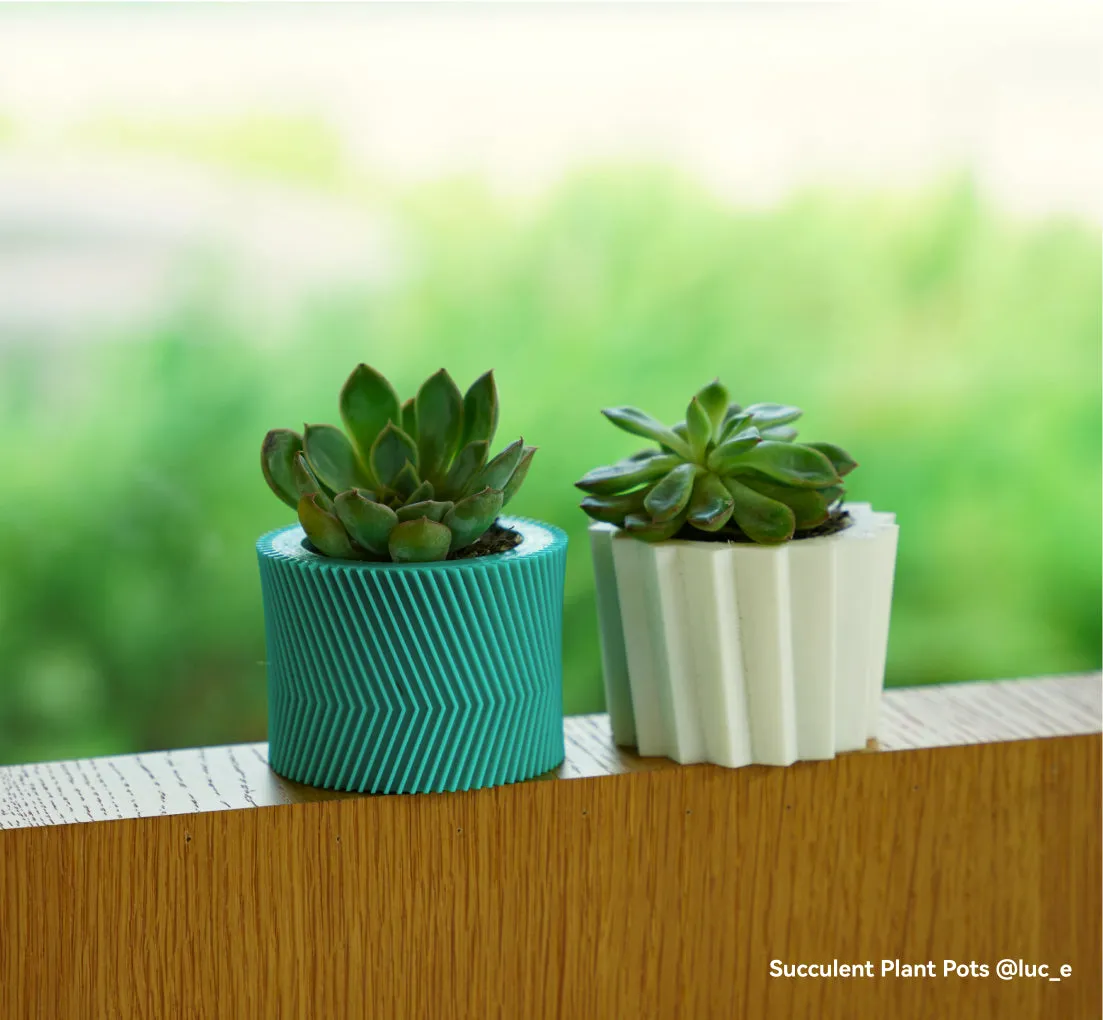 Succulent plant pots 3D printed with Bambu Lab ASA Gray Filament 45102 for outdoor and indoor use