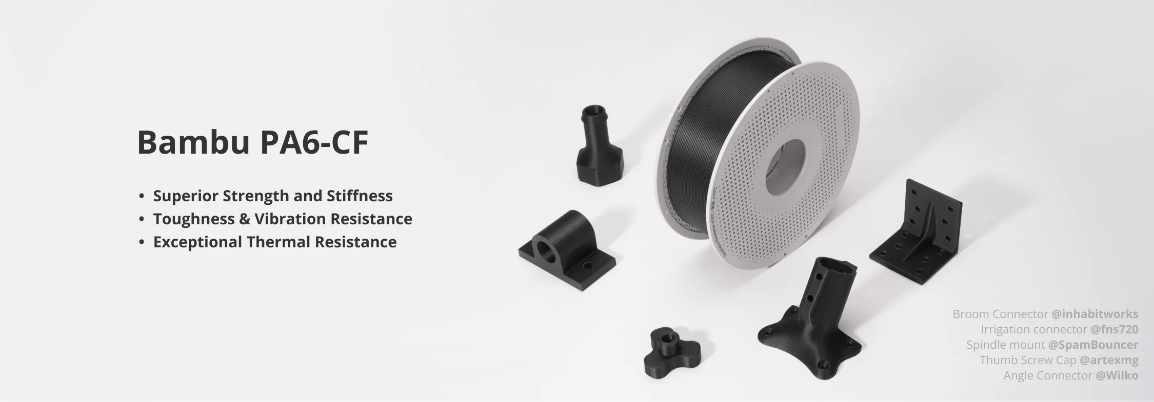 Bambu Lab PA6-CF carbon fiber reinforced nylon filament spool displayed with high-performance 3D printed engineering components