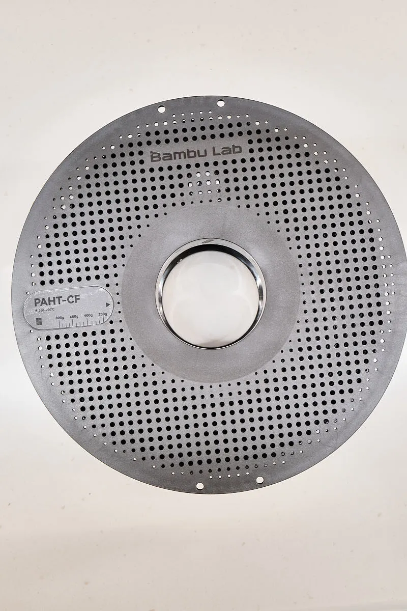 Front view of Bambu Lab PAHT-CF black filament spool with PAHT-CF label, Color Code 70100