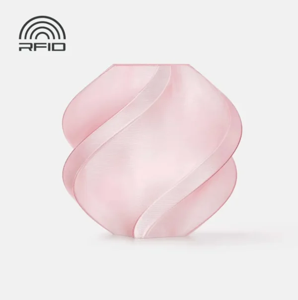 3D printed sample made with Bambu Lab PETG Translucent Pink filament showing soft translucent finish, color code 32200