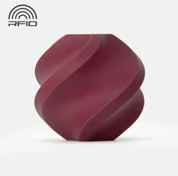 3D printed model made with Bambu Lab PLA-CF Burgundy Red Filament showing matte carbon fiber finish, Color Code 14200