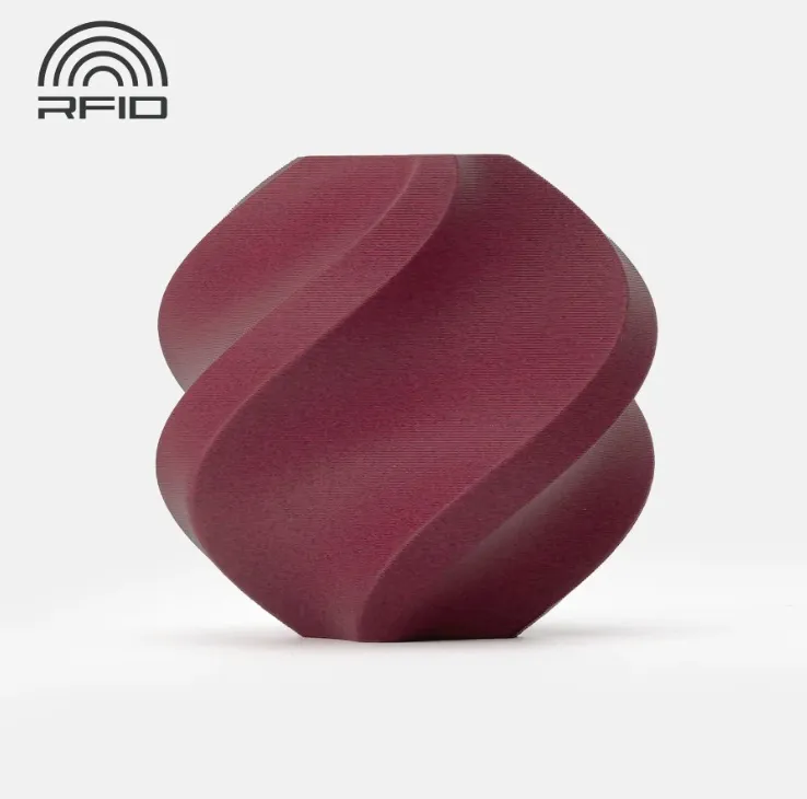 3D printed model made with Bambu Lab PLA-CF Burgundy Red Filament showing matte carbon fiber finish, Color Code 14200