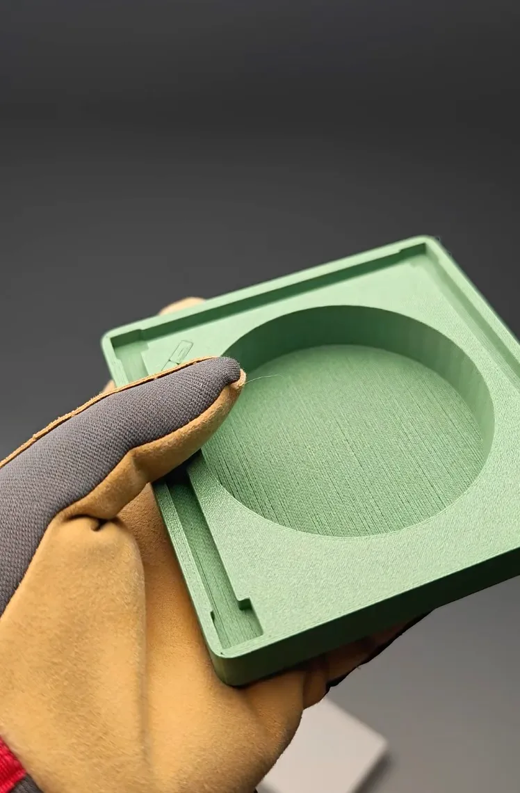 Structural tray component printed with Bambu Lab PLA-CF Matcha Green filament 14500, showing high stiffness, clean edges, and uniform carbon fiber texture