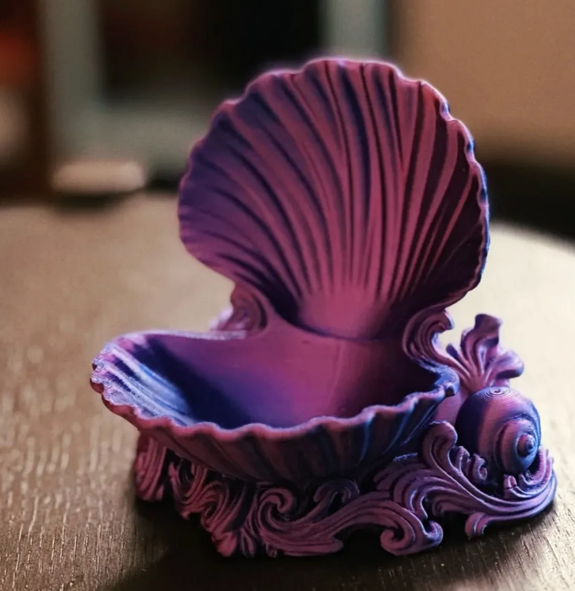 Neon shell decorative box 3D printed with Bambu Lab PLA Silk Multi Color Neon City Filament 13903, featuring vivid purple and blue color transitions with silk finish