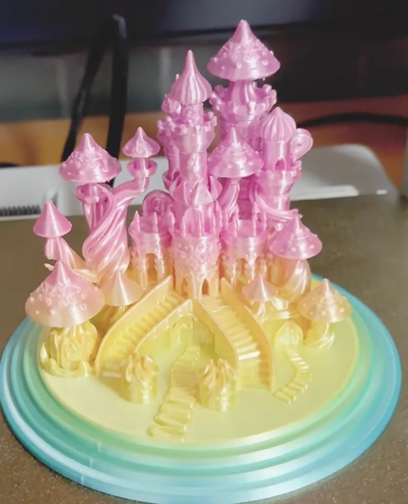Fantasy castle model 3D printed with Bambu Lab PLA Silk South Beach Filament 13906, showcasing glossy silk finish and pastel color blending