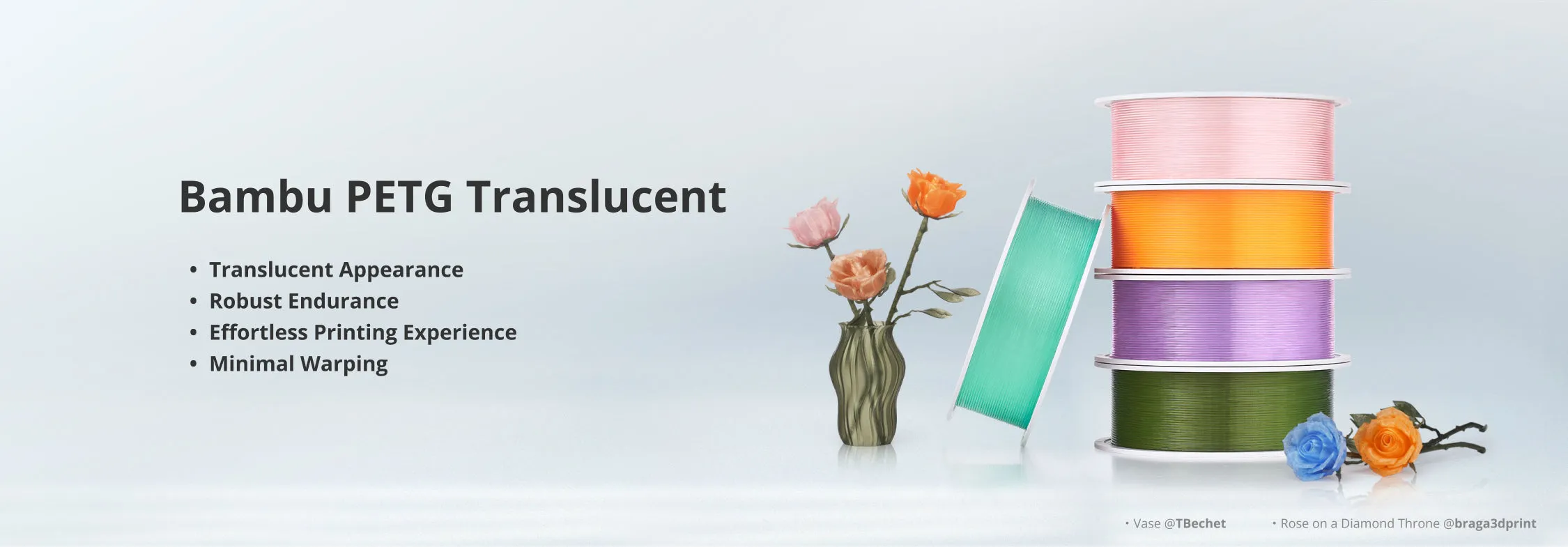 Bambu PETG Translucent filament spools translucent colors product display