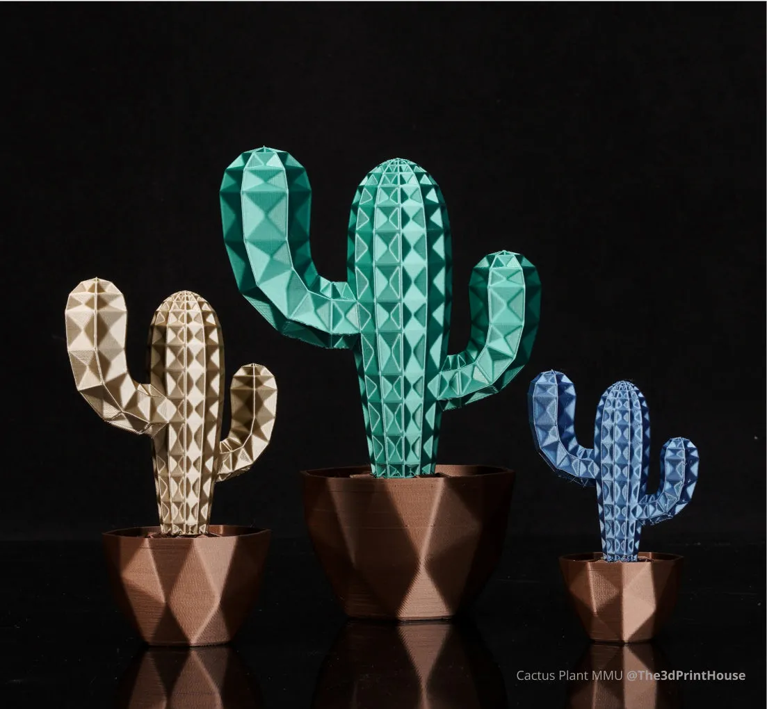 Geometric cactus plant models printed with Bambu PLA Metal filament in multiple metallic colors, featuring faceted surfaces and reflective finish