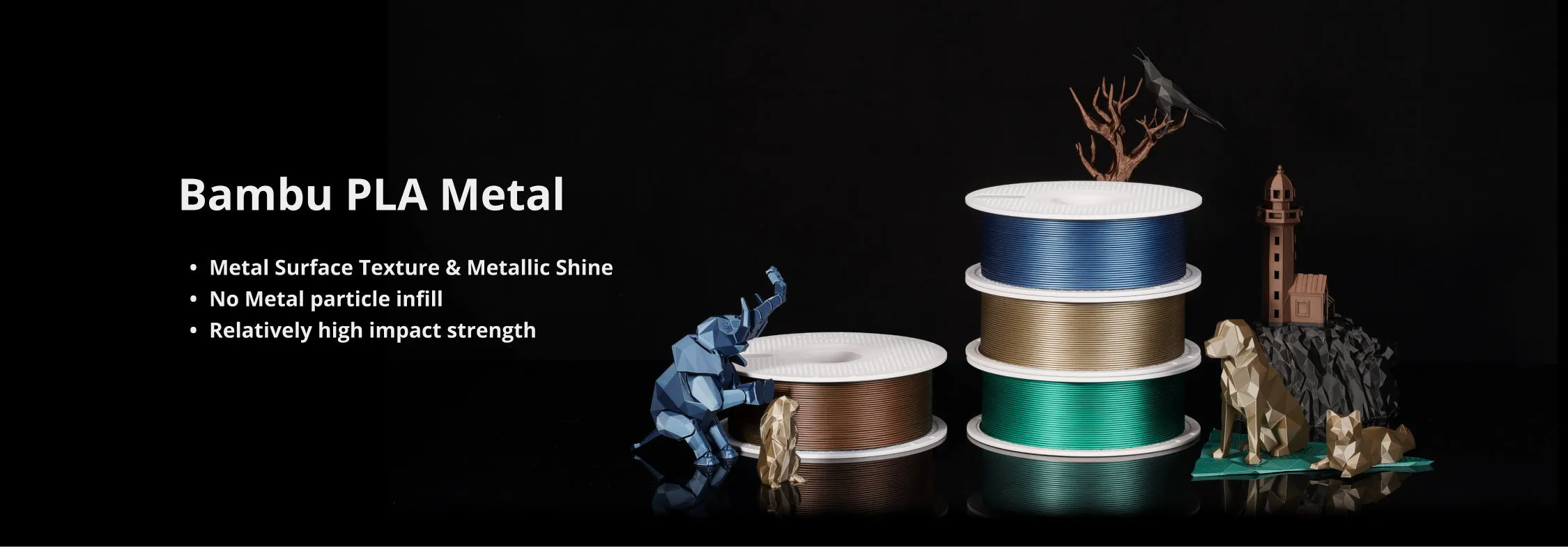 Bambu PLA Metal filament spools and metallic printed models showcasing metal-like surface texture and decorative applications