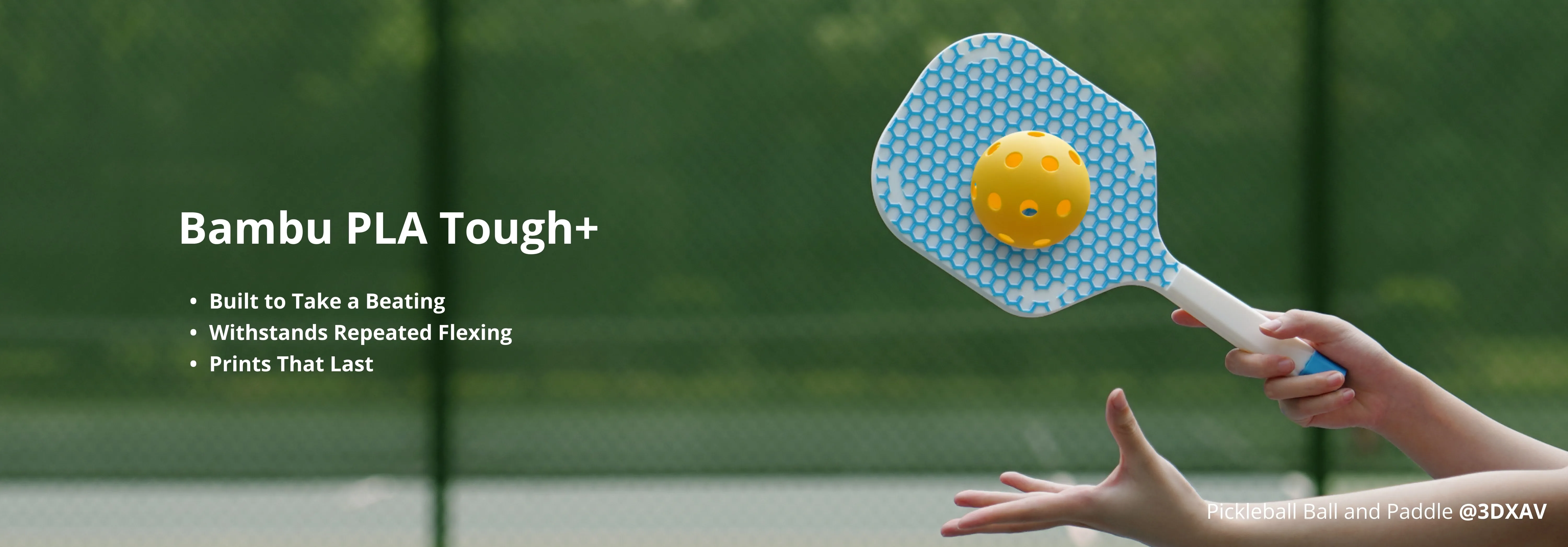 Pickleball paddle and ball 3D printed with Bambu PLA Tough+, demonstrating impact resistance and repeated flex durability