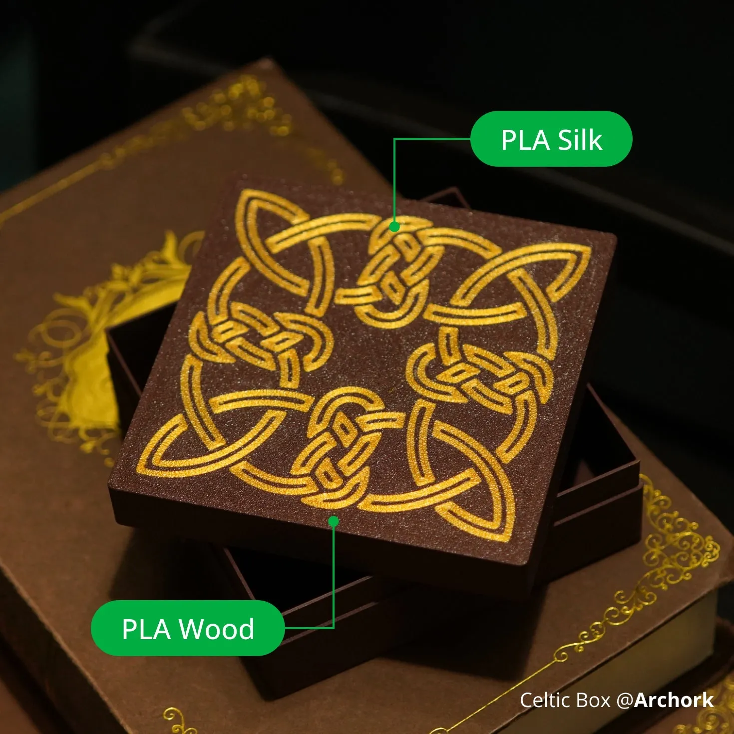 Decorative Celtic box printed with Bambu PLA Wood filament, combining wood texture base and contrasting PLA details