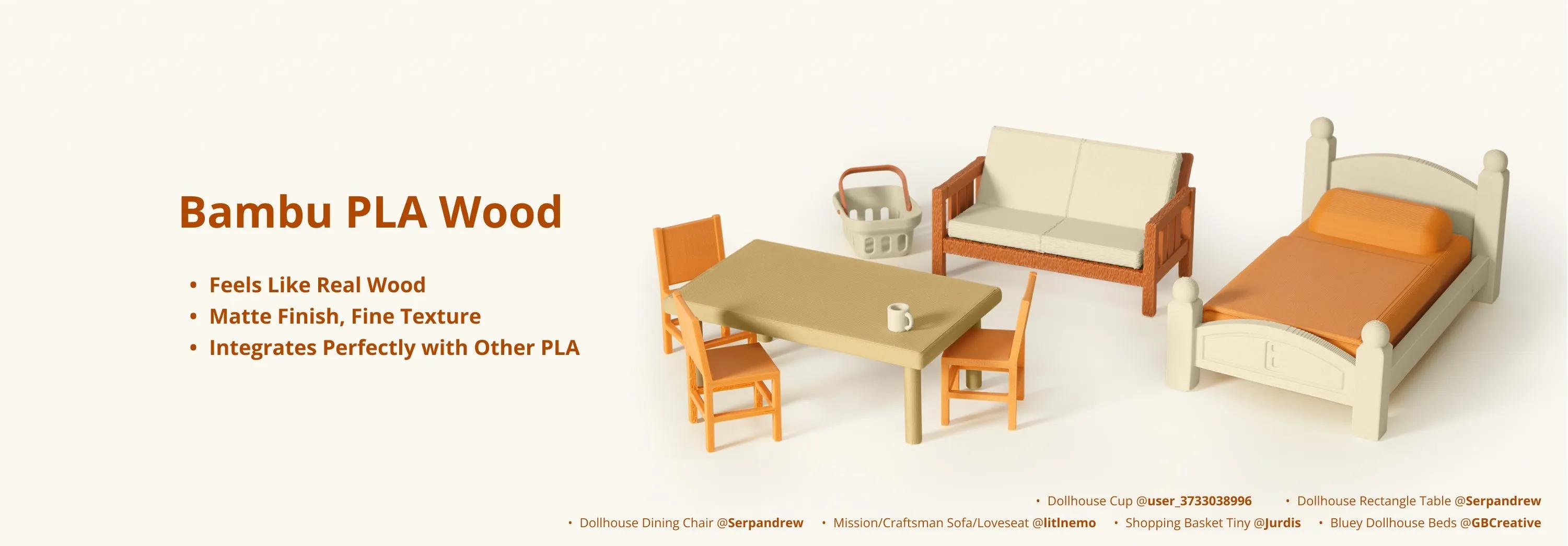 Miniature dollhouse furniture 3D printed with Bambu PLA Wood filament, showing matte finish and realistic wood-like texture