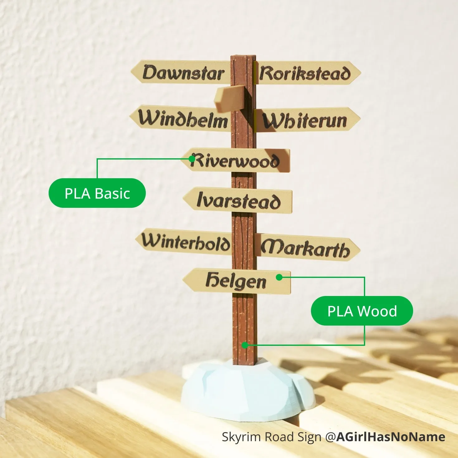 Fantasy road sign model printed with Bambu PLA Wood filament, featuring engraved text and wood-like texture