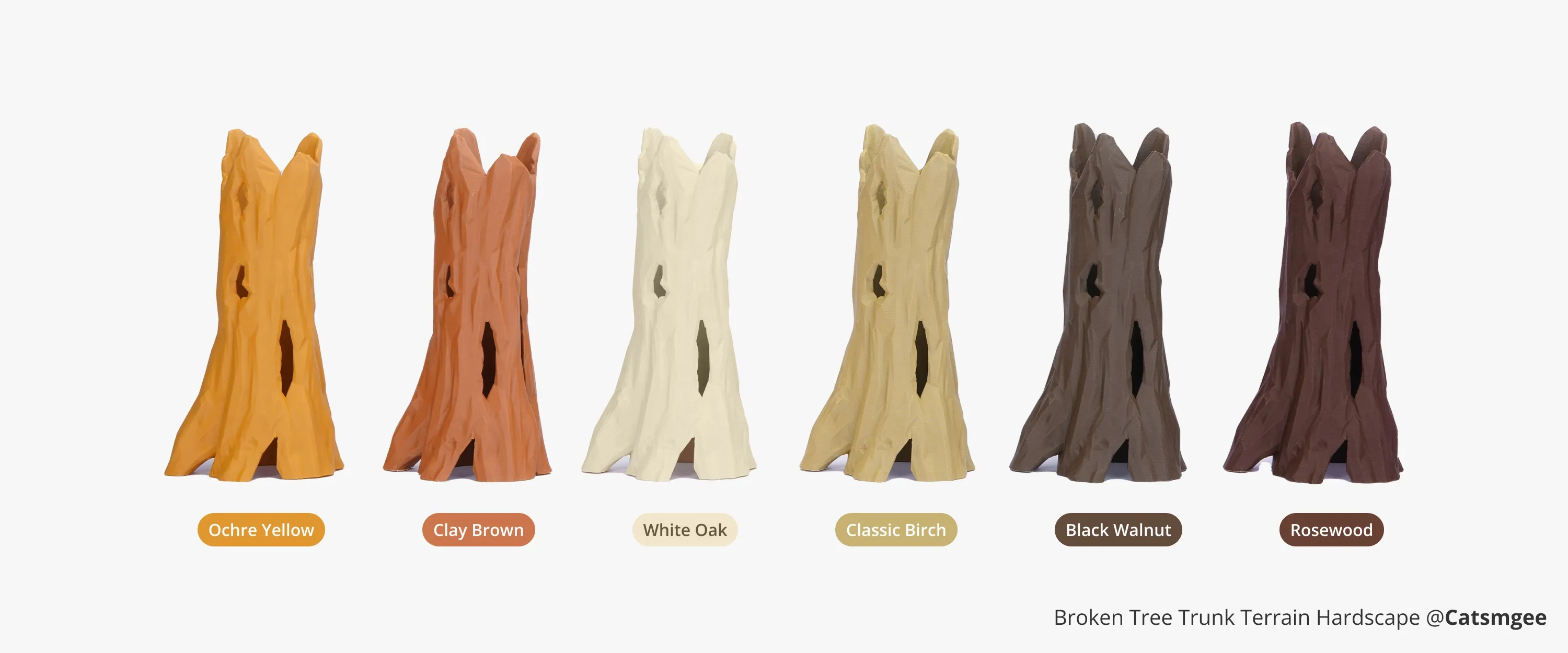 Terrain tree trunk models printed with Bambu PLA Wood filament in multiple wood-inspired colors, highlighting natural texture variation