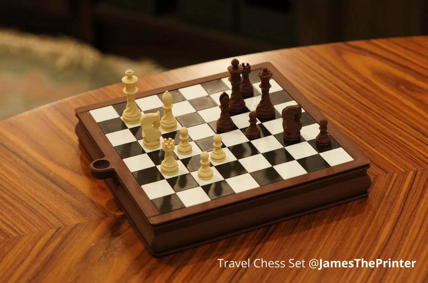 Travel chess set 3D printed with Bambu PLA Wood filament, featuring natural wood grain appearance and matte surface