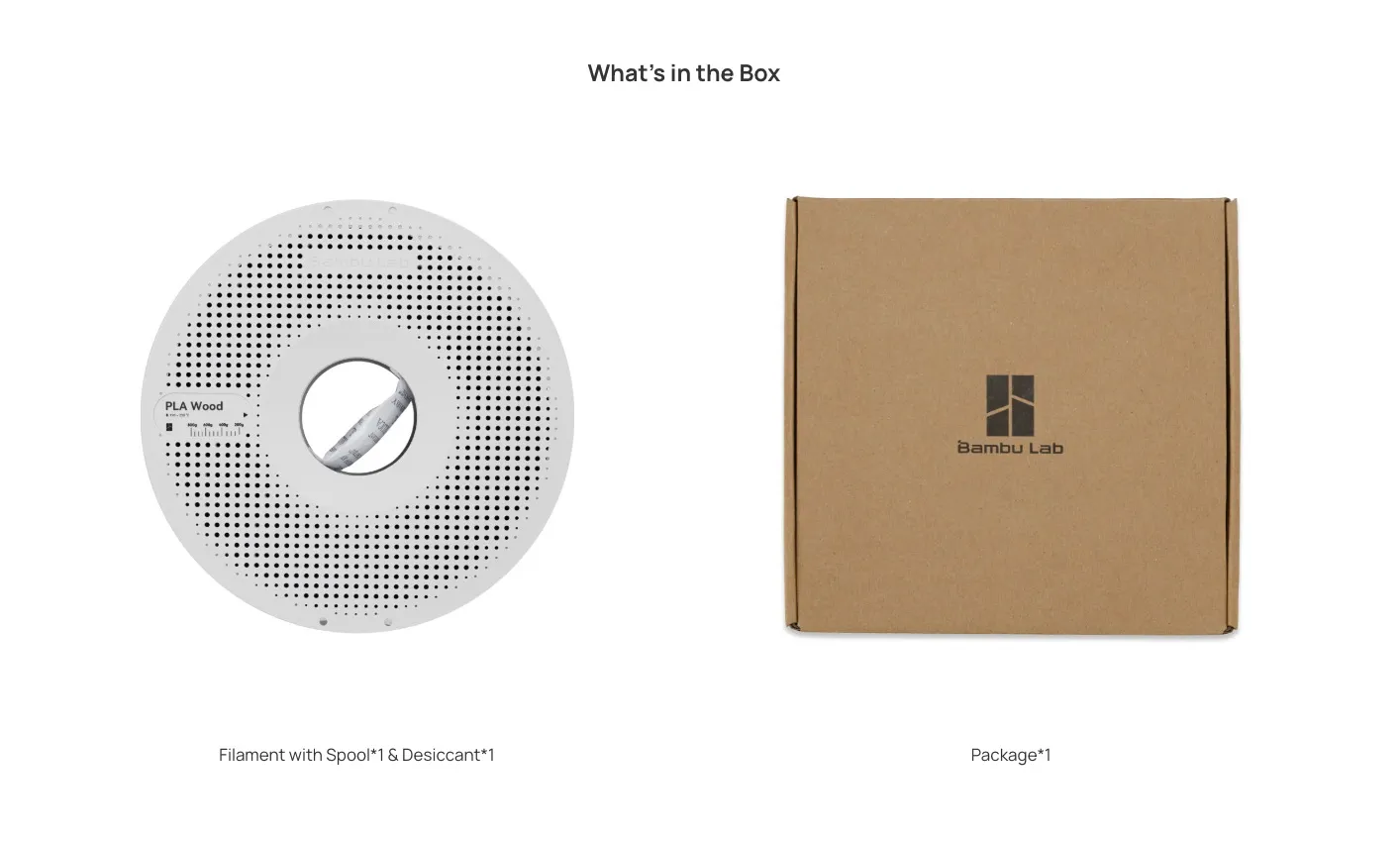 Bambu PLA Wood filament package showing filament spool with desiccant and original Bambu Lab packaging box