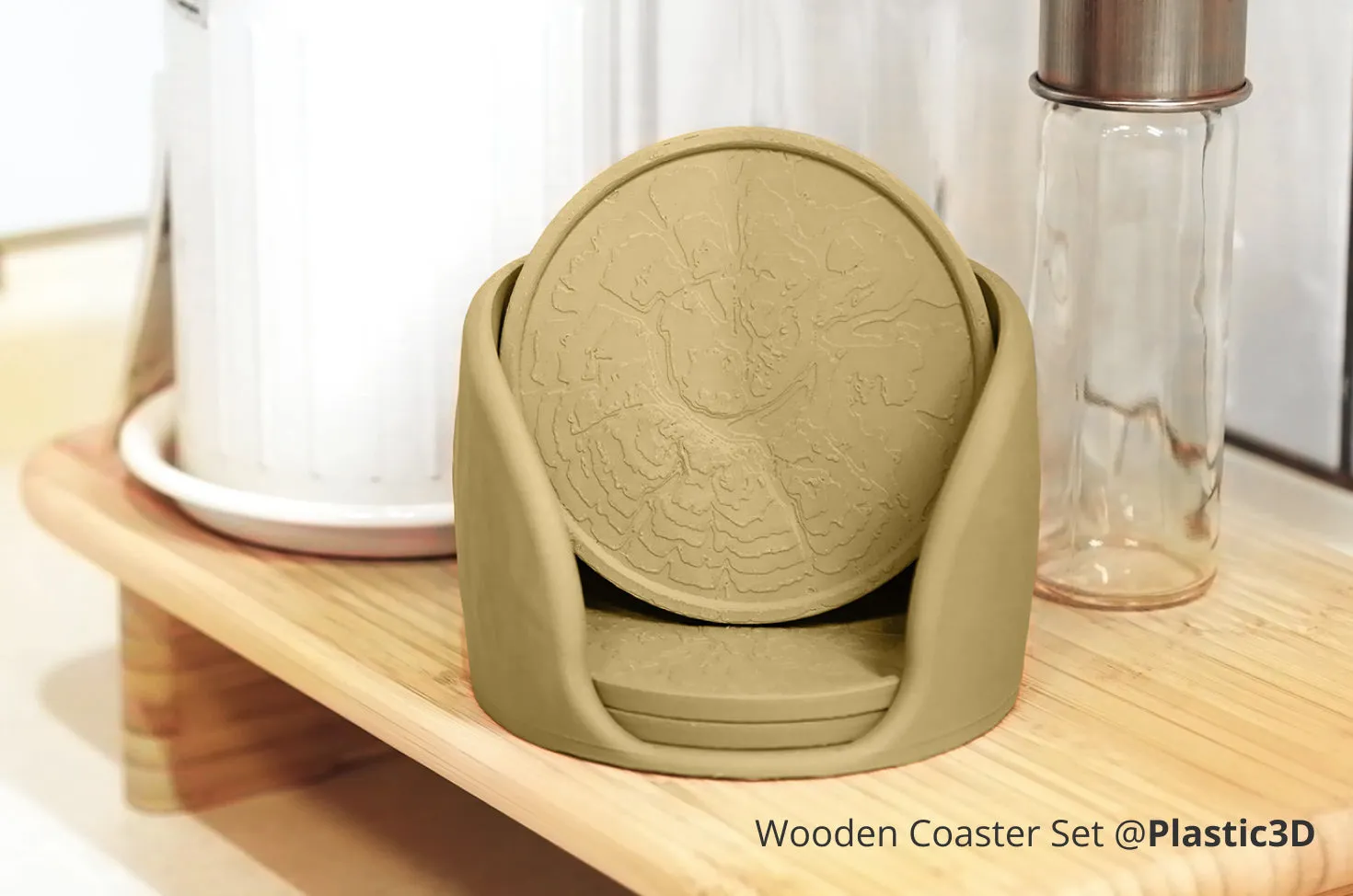 Coaster set 3D printed with Bambu PLA Wood filament, featuring realistic wood grain texture and matte finish