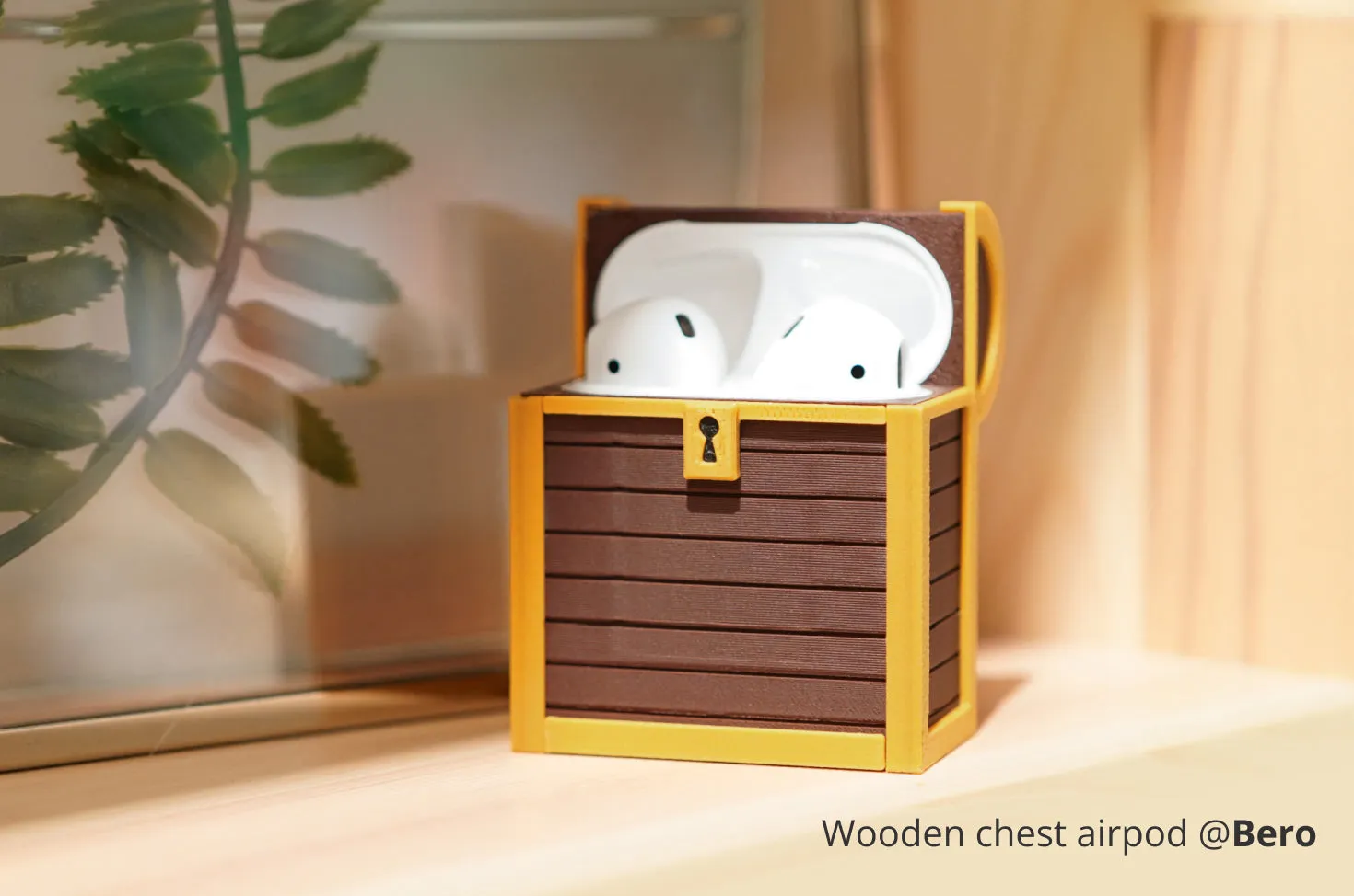 Wooden-style chest 3D printed with Bambu PLA Wood filament, used for storing small accessories